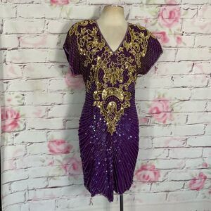 Vintage | Dresses | Vintageornate Gold And Purplesilk Sequin Cocktail Party  Dress | Poshmark